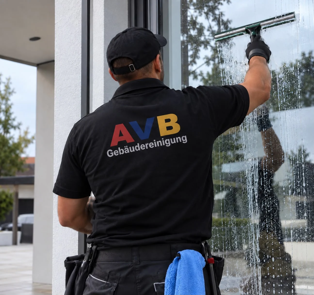 AVB-Mitarbeiter bei der Fensterreinigung an einer großen Glasfläche