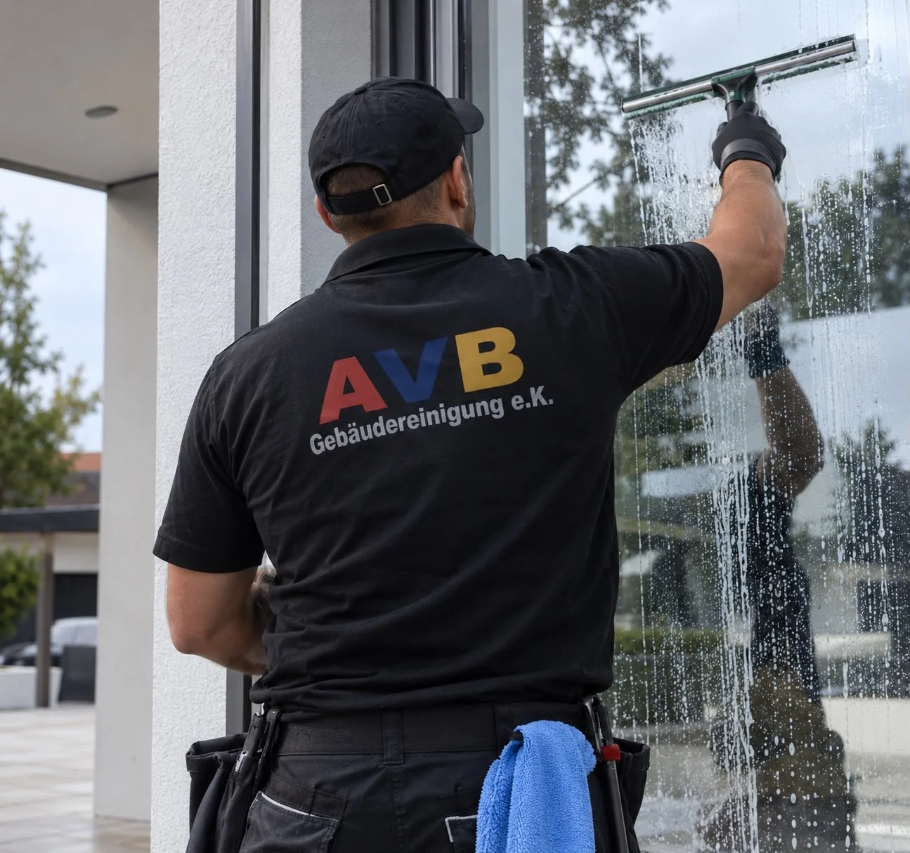 AVB-Mitarbeiter bei der Reinigung einer Fensterscheibe
